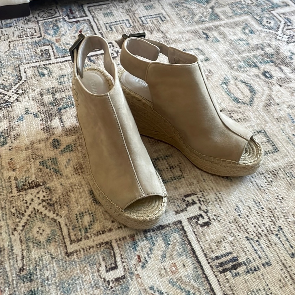 Sand colored sand wedges with peep toe and adjustable heel buckle
